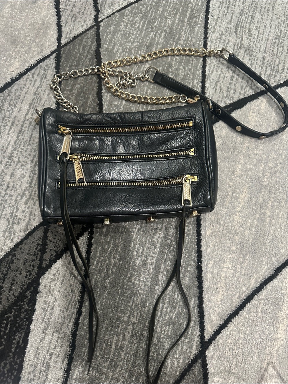 Rebecca Minkoff Black Leather Crossbody with Gold Chain and Zippers